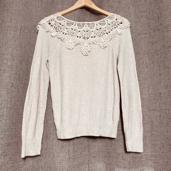 Democracy Sweater Women Small Cream Lace Collar Cable Knit Cottage Hippie Boho - Picture 2 of 6